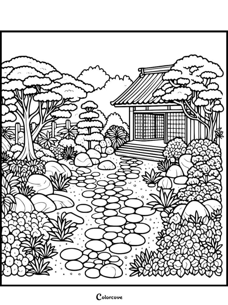 A printable Japanese Garden coloring page featuring a stone path leading to a traditional pavilion surrounded by lush trees and rocks.