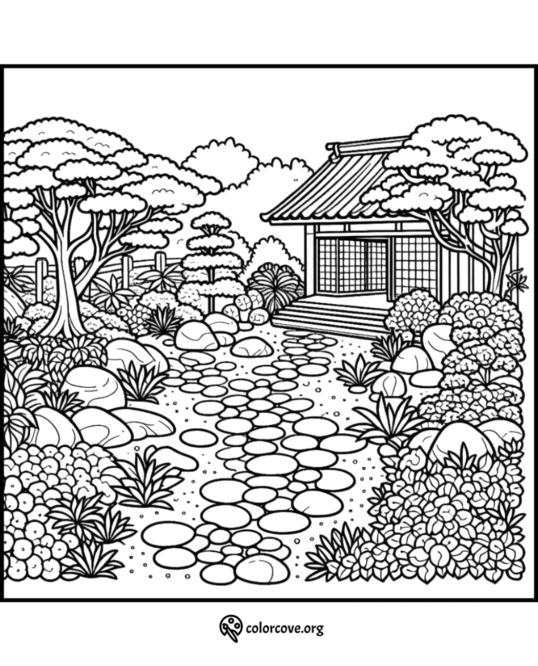 a black and white drawing of a garden