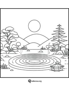 Coloring page of a serene landscape with a lake, trees, mountains, and a gazebo. Ideal for coloring enthusiasts.