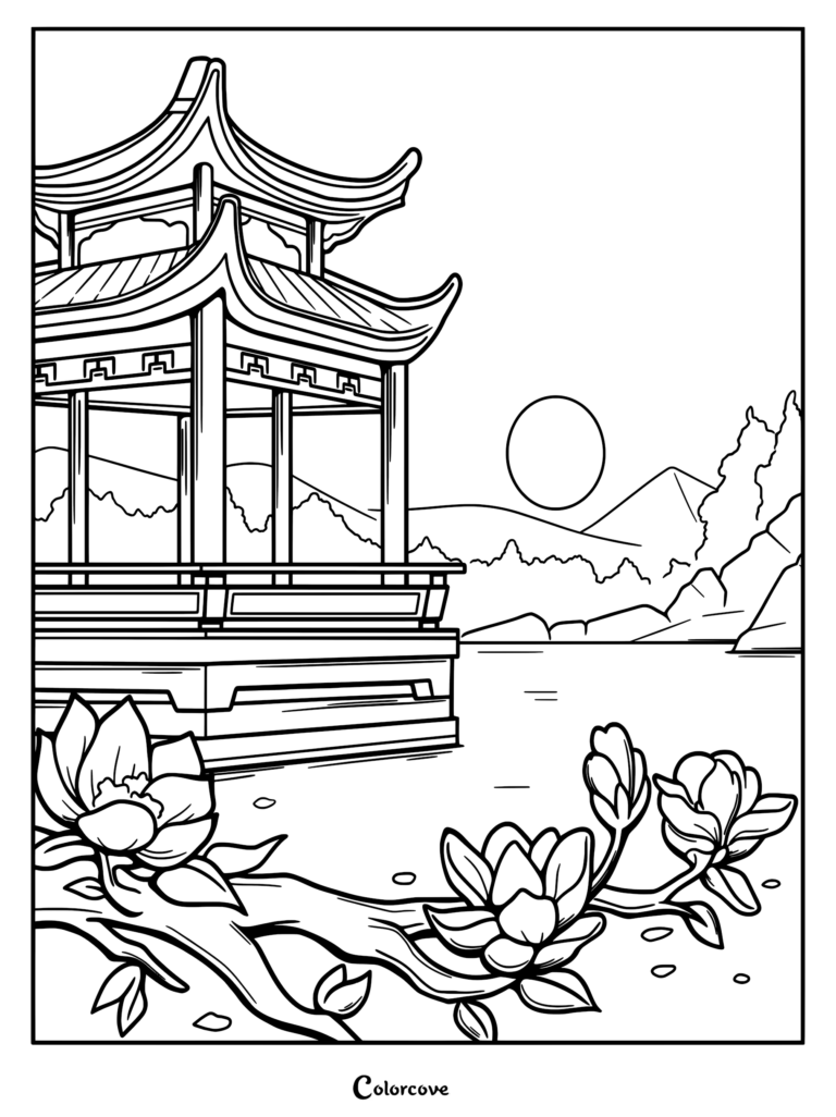 A serene Japanese garden coloring page featuring a traditional pagoda pavilion overlooking a lake with blooming magnolia flowers in the foreground and distant mountains under a round sun.