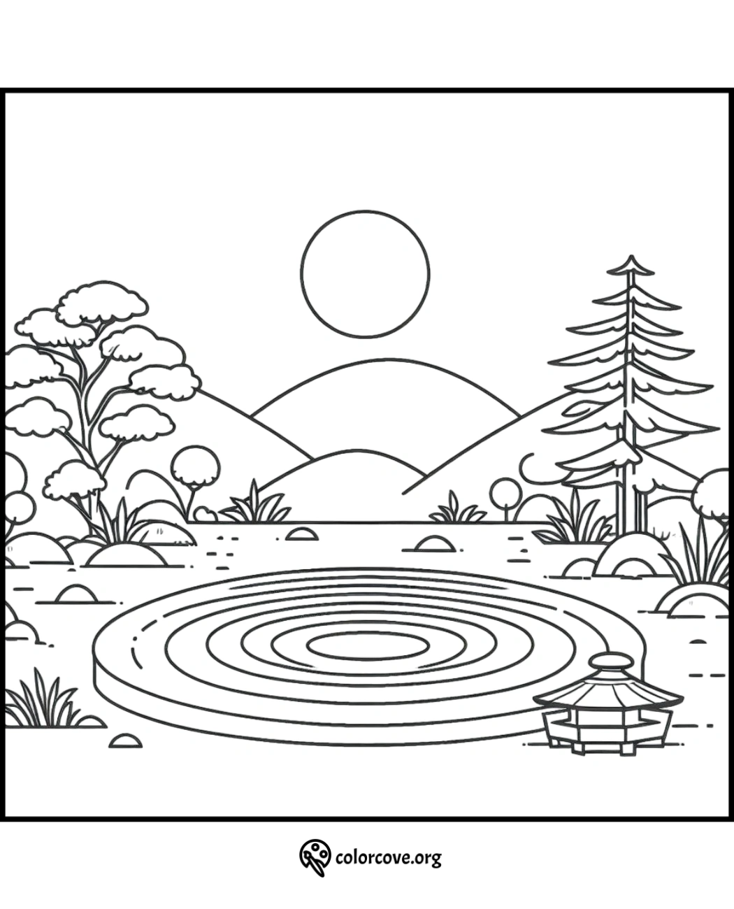 a black and white drawing of a pond with trees and mountains