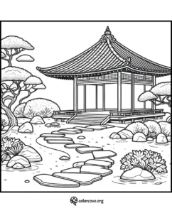 Japanese pagoda coloring page with stepping stones and trees, perfect for relaxation and stress relief coloring activities.