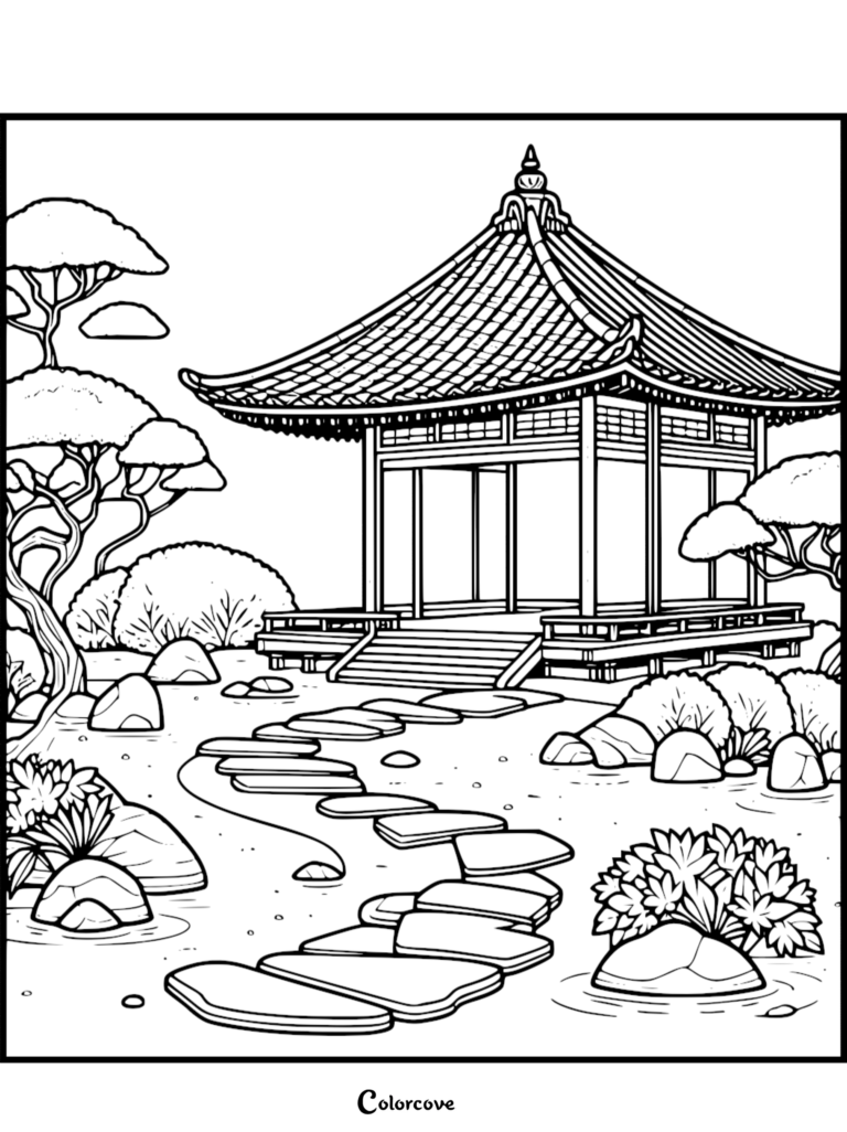 A printable Japanese garden coloring page featuring a traditional pavilion, stone path, and bonsai trees.