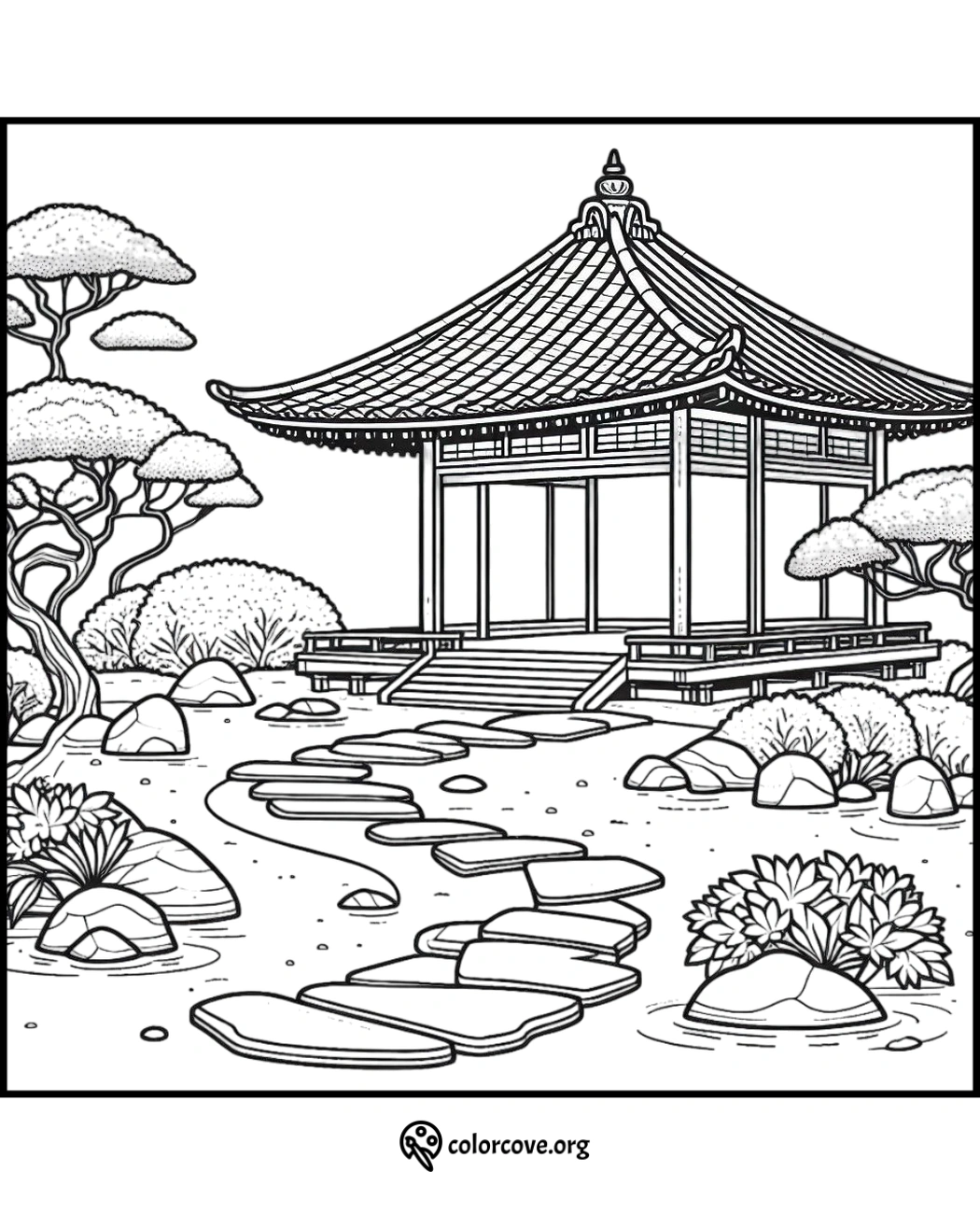 a drawing of a pagoda and a path in water