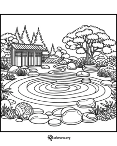 Japanese garden with a Koi pond and zen rocks. Coloring page for mindfulness and relaxation from Colorcove.org.