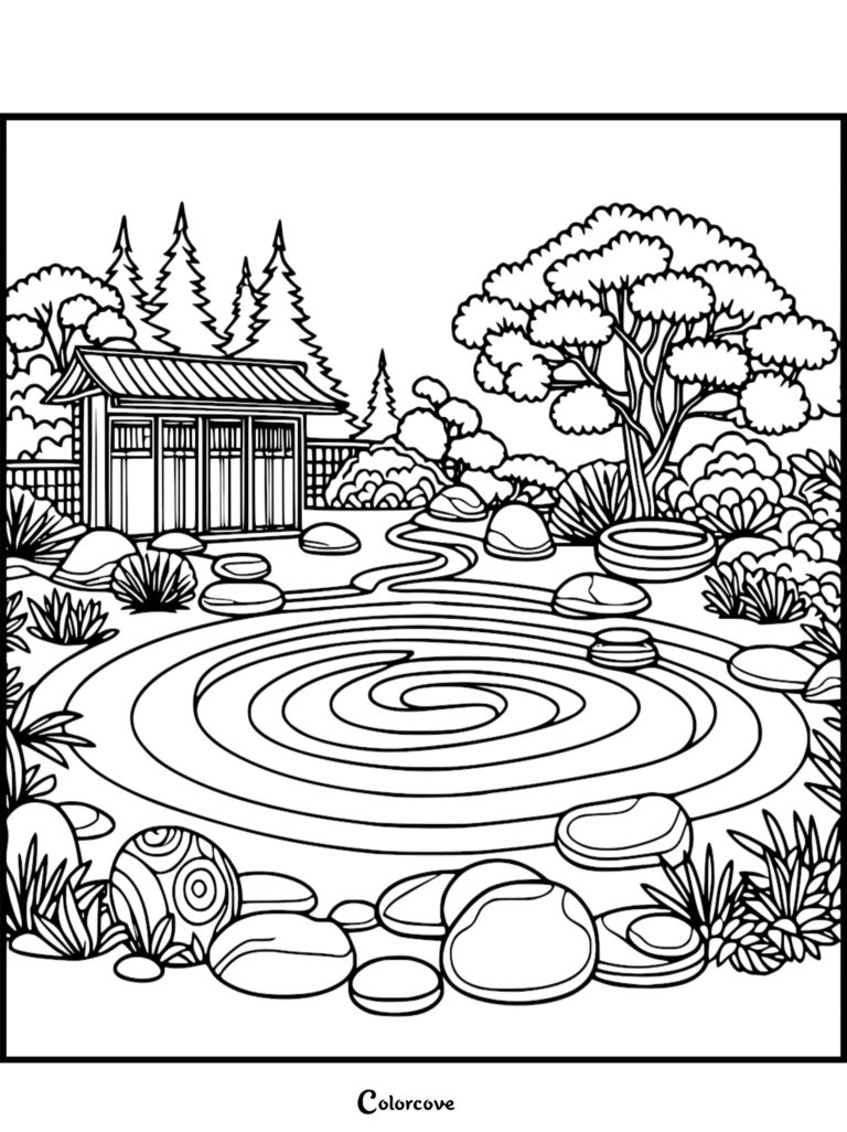 A printable Japanese Garden coloring page featuring a Zen rock garden with raked sand ripples, a traditional pavilion, and lush trees.