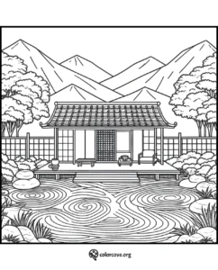 Japanese Zen garden coloring page with a traditional house, trees, mountains, and a tranquil pond.