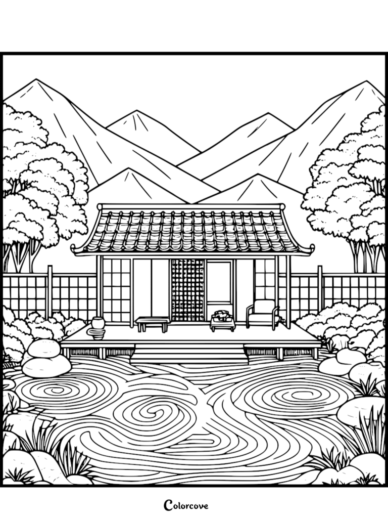 A printable Japanese garden coloring page featuring a traditional pavilion overlooking a raked sand zen garden with mountain peaks in the background.