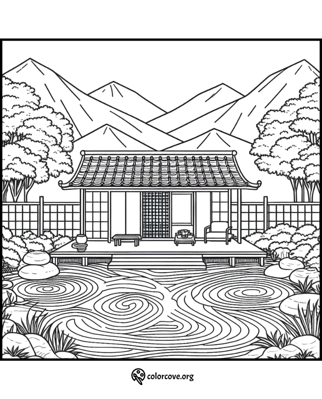 a black and white drawing of a house with a pond and mountains