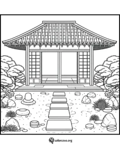 Coloring page of a traditional Japanese garden with a stone path leading to a detailed pagoda-style building surrounded by trees.
