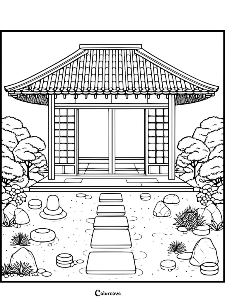 A printable Japanese Garden coloring page featuring a traditional pavilion with a stone path and zen garden elements.