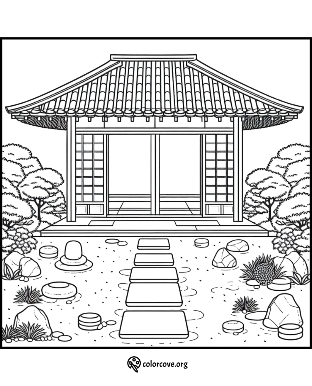 a drawing of a japanese garden