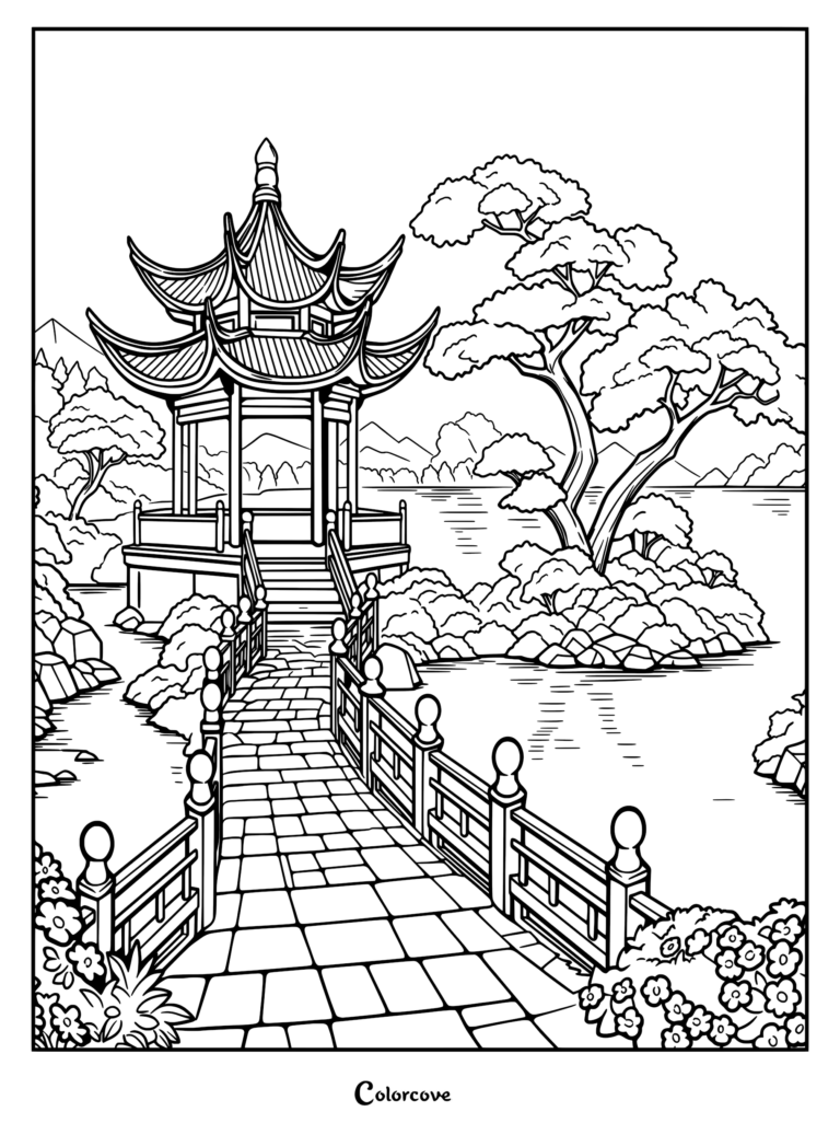 A detailed Japanese garden coloring page featuring a stone bridge leading to a traditional pagoda pavilion beside a serene pond and bonsai tree.