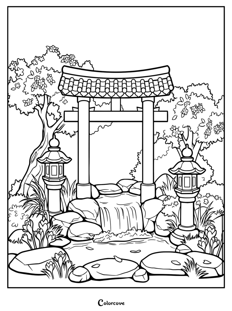 A serene Japanese garden coloring page featuring a traditional torii gate, stone lanterns, and a small waterfall flowing into a pond.