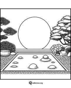 Zen garden coloring page with tranquil water features, rocks, and serene plants, perfect for mindfulness and relaxation activities.