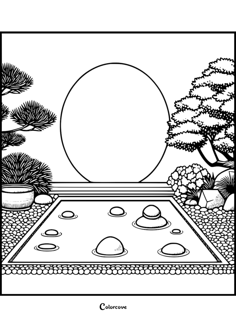 A printable Japanese Garden coloring page featuring a tranquil zen rock garden with a large circular moon gate, bonsai trees, and smooth stones arranged in gravel.