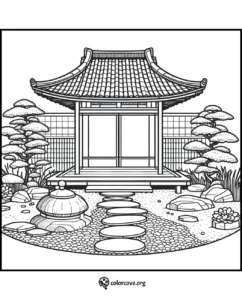 Coloring page of a serene Japanese garden with a traditional pagoda, trees, stone steps, and a zen stone lantern.