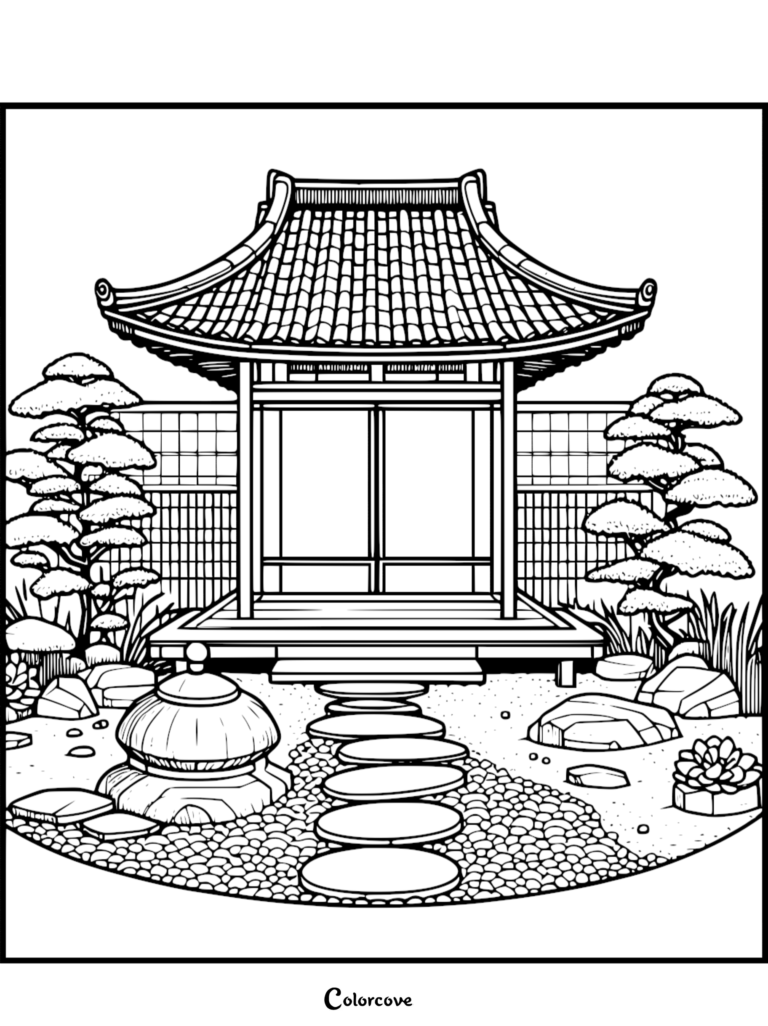 A printable Japanese Garden coloring page featuring a traditional pavilion, stone lantern, stepping stones, and bonsai trees.