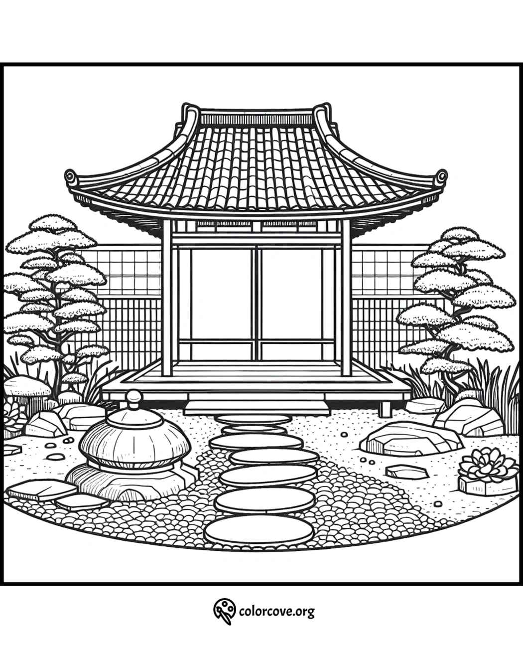 a drawing of a japanese garden