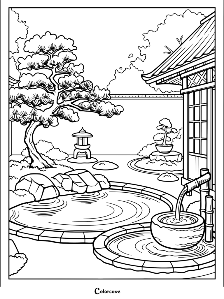 Water flows into a stone basin in a tranquil garden.