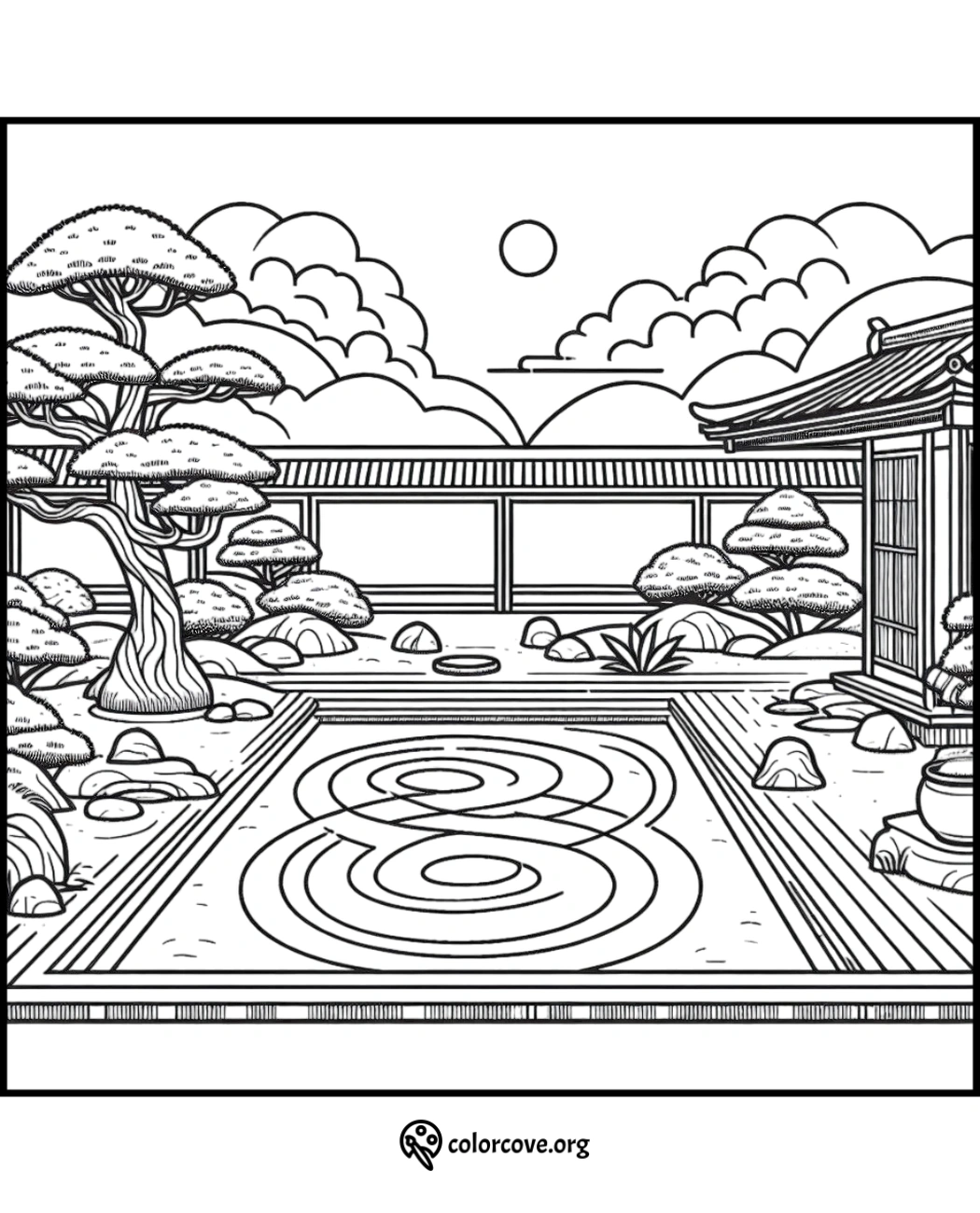 a black and white drawing of a courtyard with a garden and trees