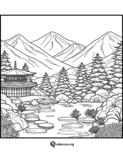 Coloring page of a serene Japanese garden with a traditional pagoda, mountain backdrop, trees, and a lily pond.