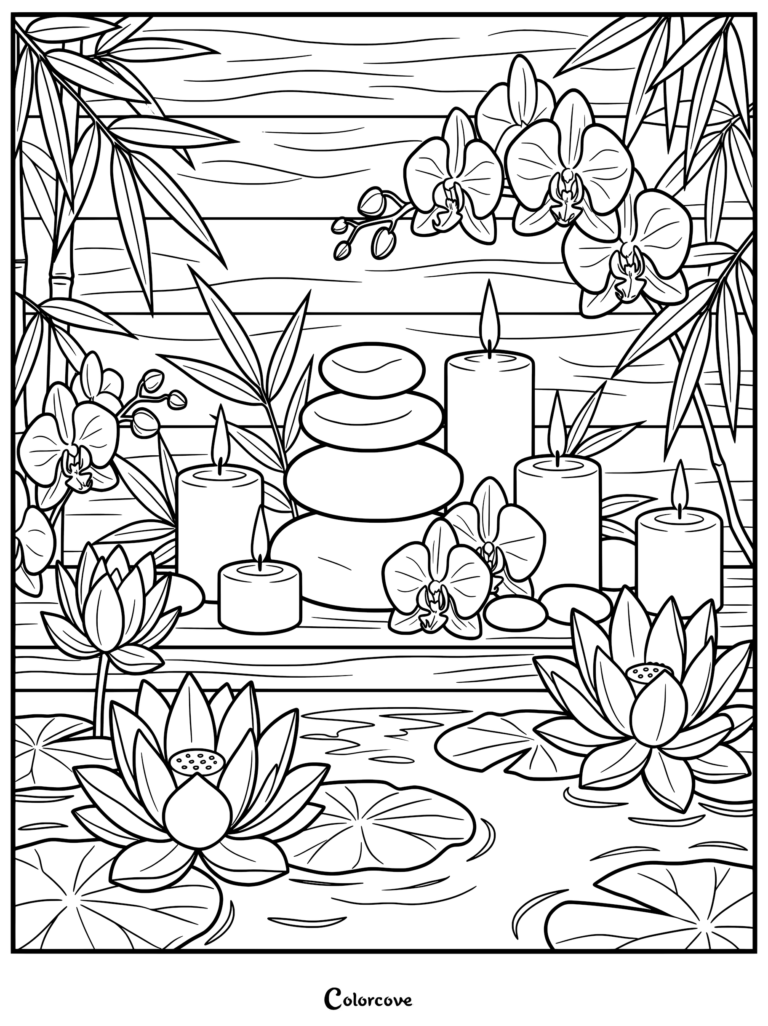 Zen Japanese garden coloring page featuring stacked balance stones, lit candles, blooming orchids, and water lilies on a pond.