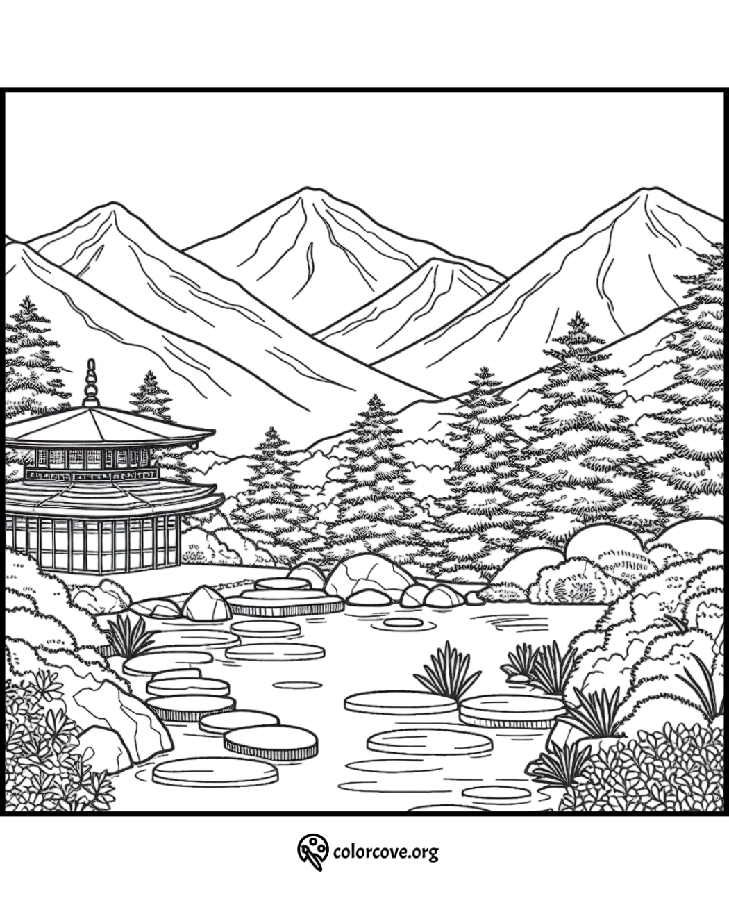 a drawing of a pagoda and a lake with mountains in the background