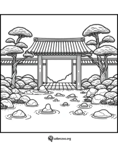 Zen garden coloring page with traditional Japanese gate, trees, and stones. Peaceful, serene landscape for relaxation.