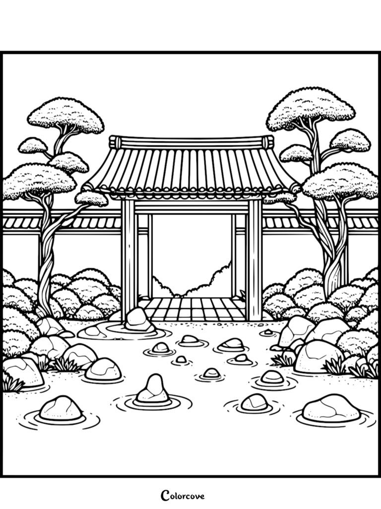 Japanese garden coloring page featuring a traditional gate, bonsai trees, and a stone-filled zen pond.