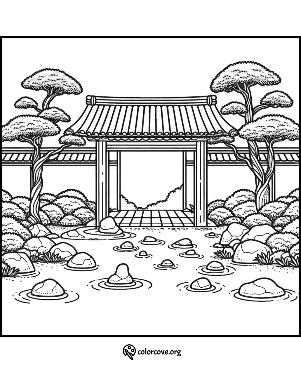 a drawing of a japanese garden