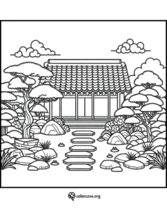 Coloring page of a tranquil Japanese garden with a traditional house, trees, stepping stones, and rocks.