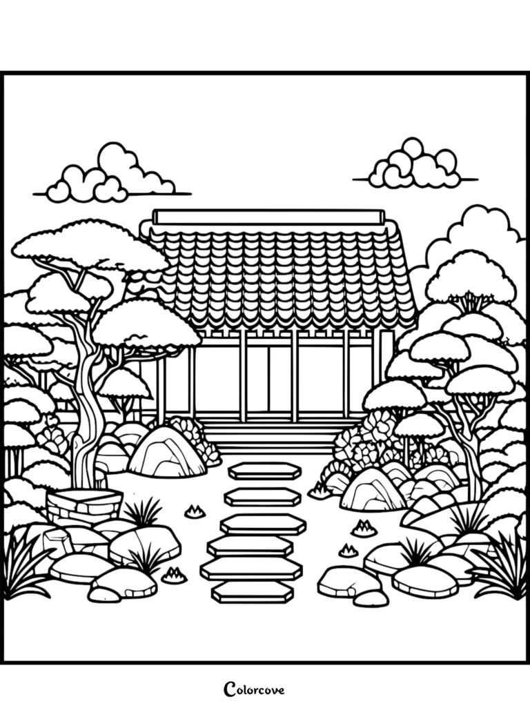 A Japanese garden coloring page featuring a traditional temple building, stone path, and stylized bonsai trees.
