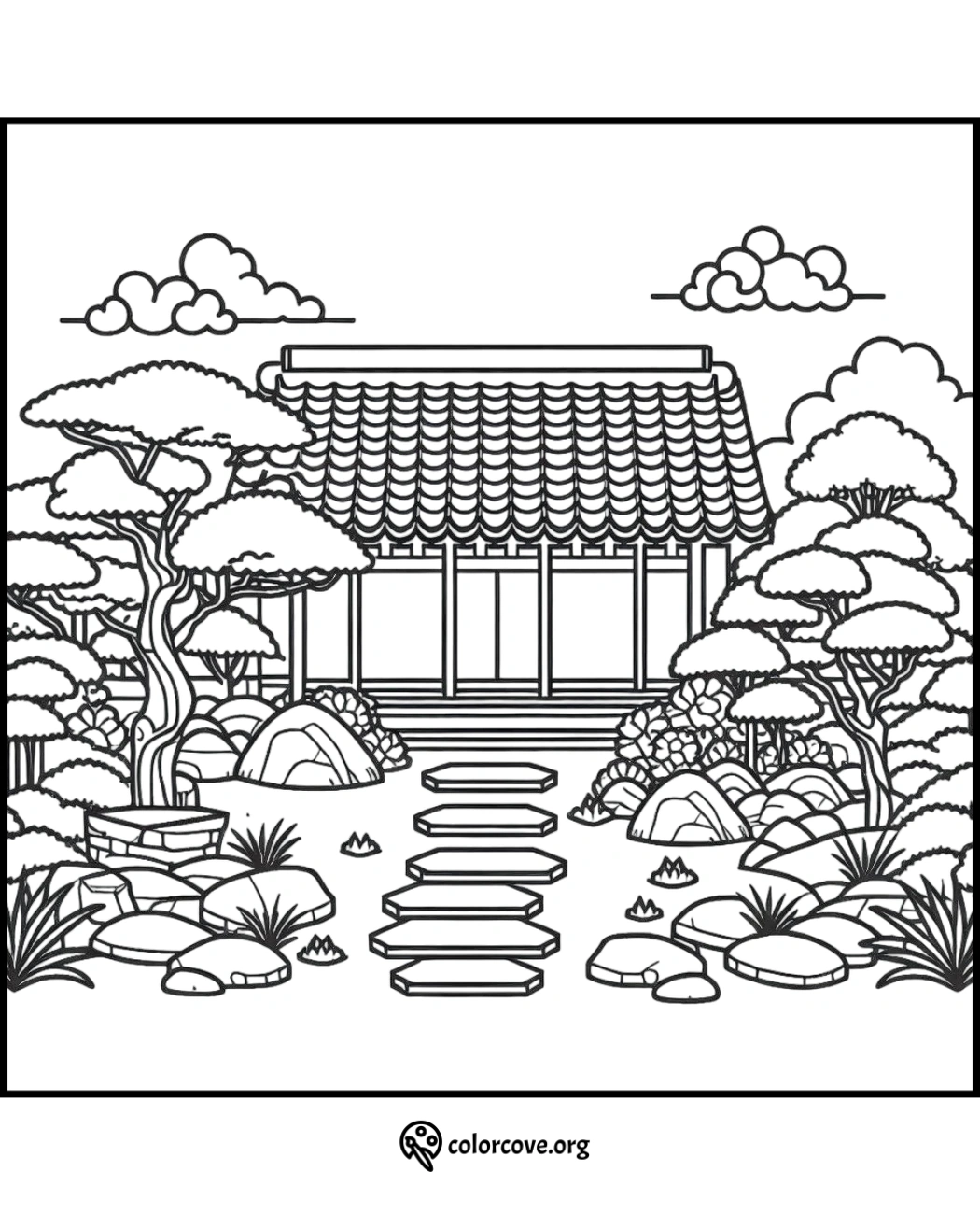 a black and white drawing of a house and trees