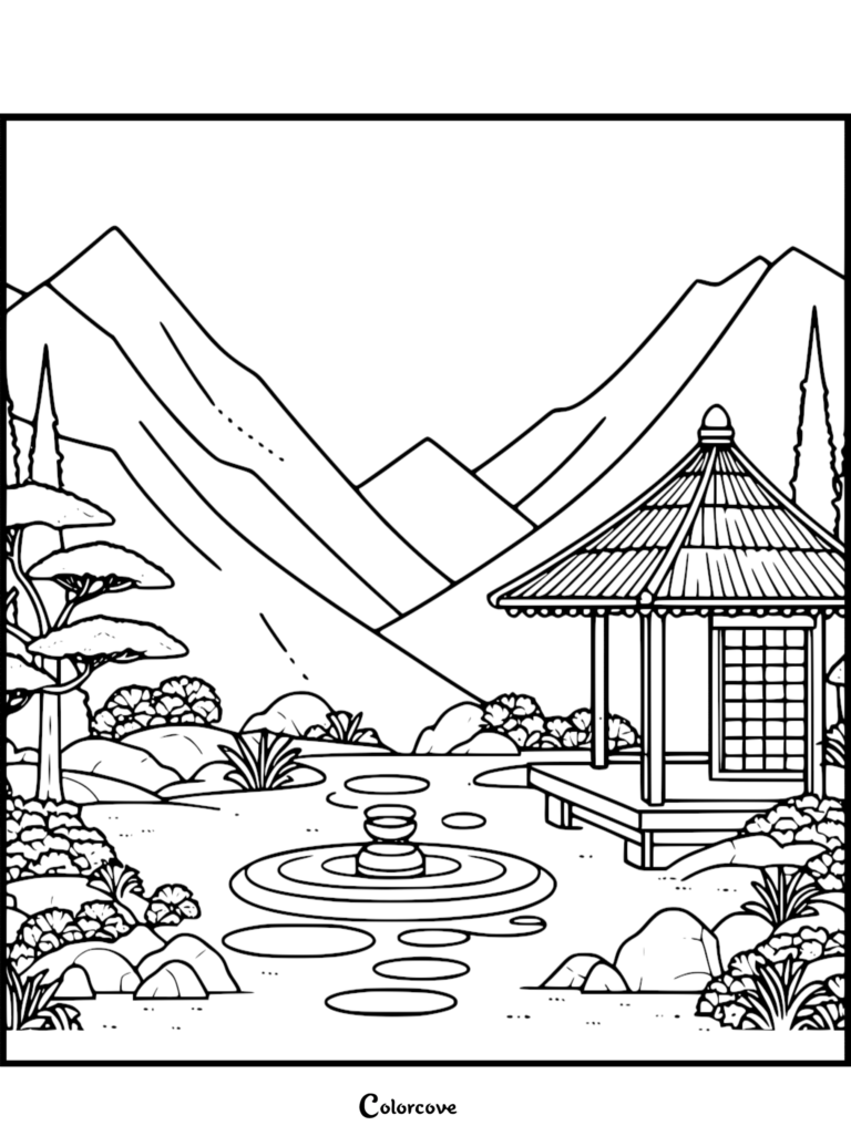 A Japanese garden coloring page featuring a traditional gazebo, a stone fountain, and mountain scenery.