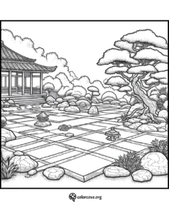 Zen garden coloring page featuring traditional Japanese landscape with a temple, rocks, trees, and tiled pathways.