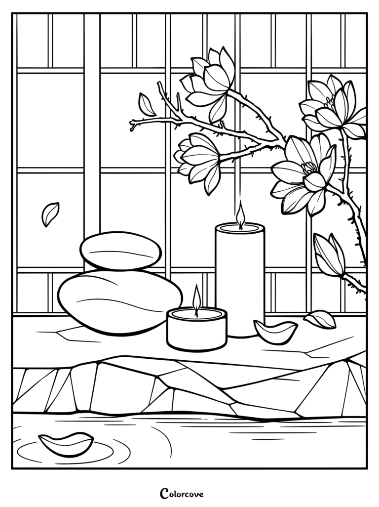 A zen Japanese garden coloring page featuring stacked stones, lit candles, and magnolia blossoms in front of a shoji screen.