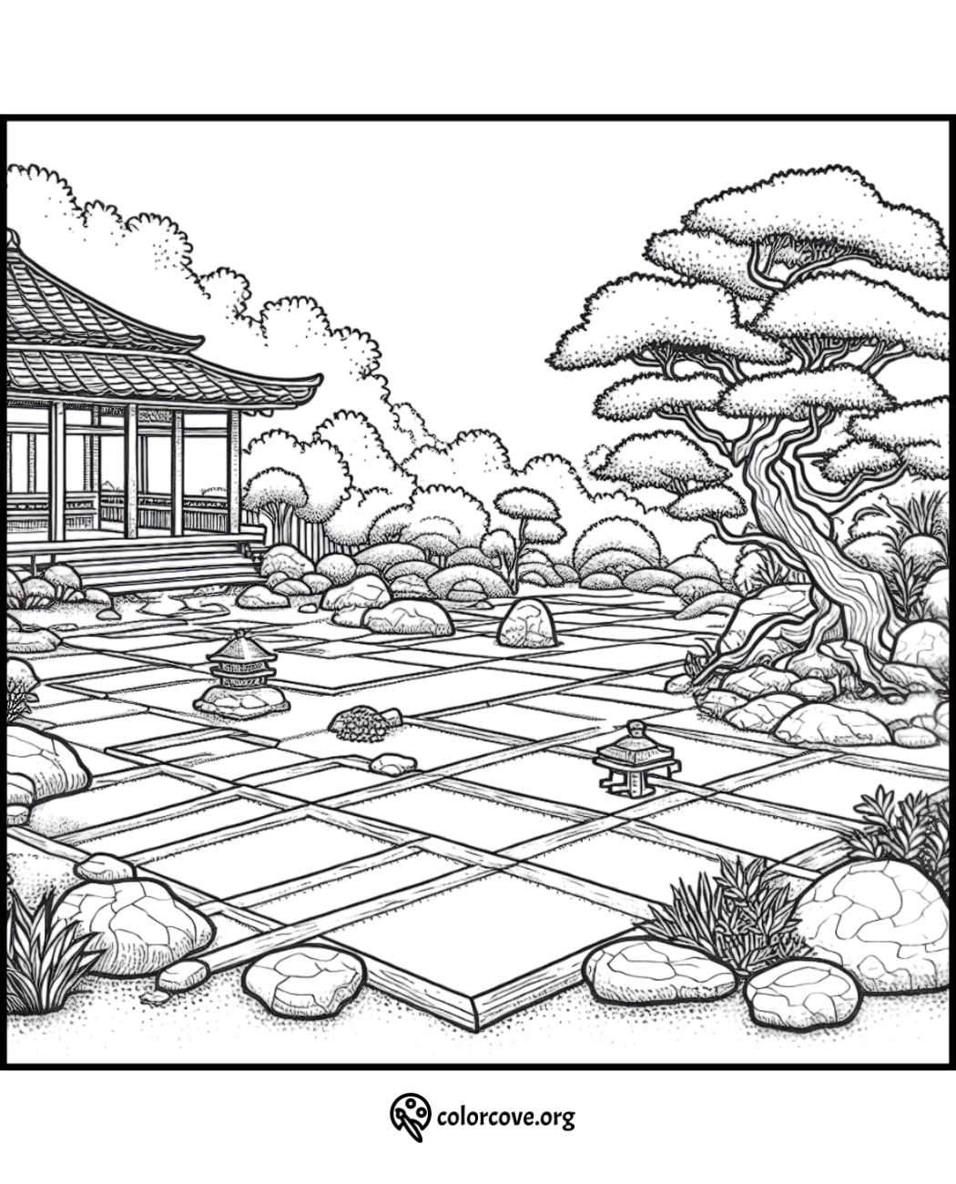 a black and white drawing of a japanese garden