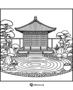 Japanese Zen garden with a traditional pagoda, trees, and a koi pond with rippling water. Coloring page for relaxation.