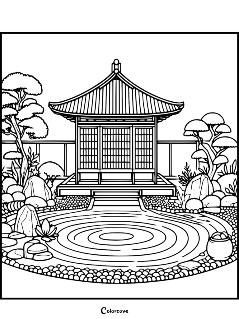 Japanese garden coloring page featuring a traditional pavilion overlooking a circular raked sand zen pond with bonsai trees and rocks.