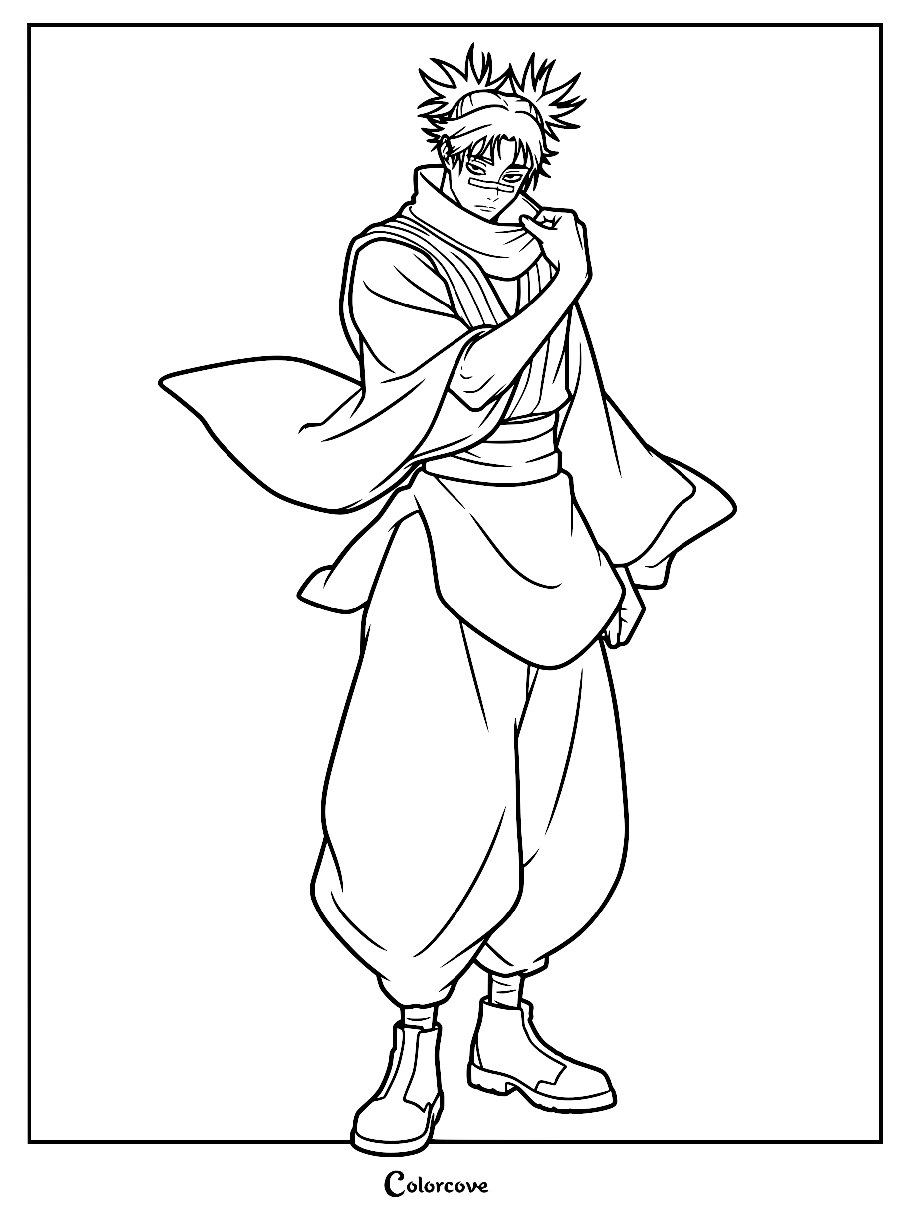 A detailed coloring page of Choso from Jujutsu Kaisen, featuring the character with spiky hair and bandages on his face, wearing a traditional robe and loose pants.