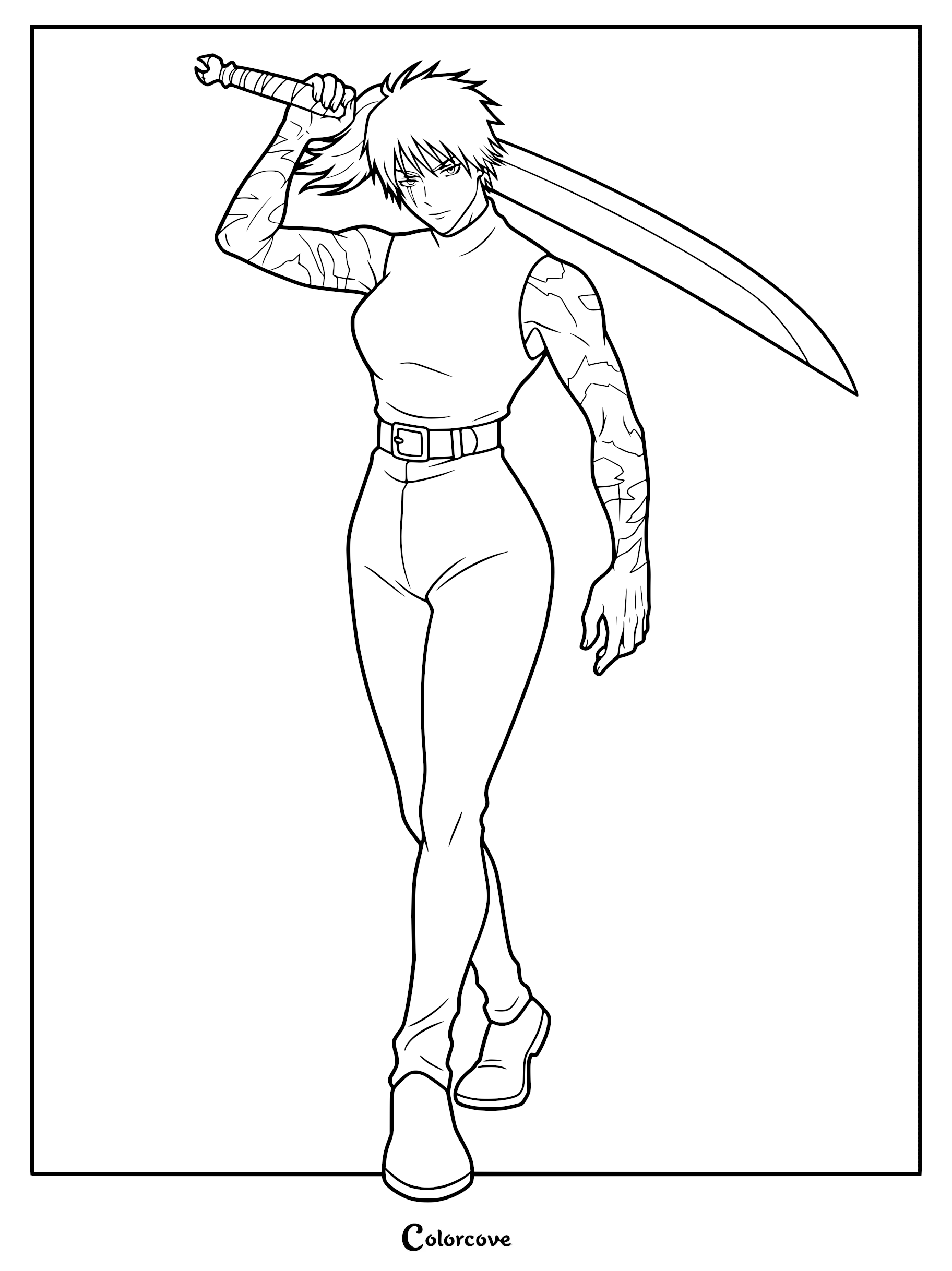 Maki Zenin from Jujutsu Kaisen holding a large katana over her shoulder in this printable coloring page featuring her scarred arms.