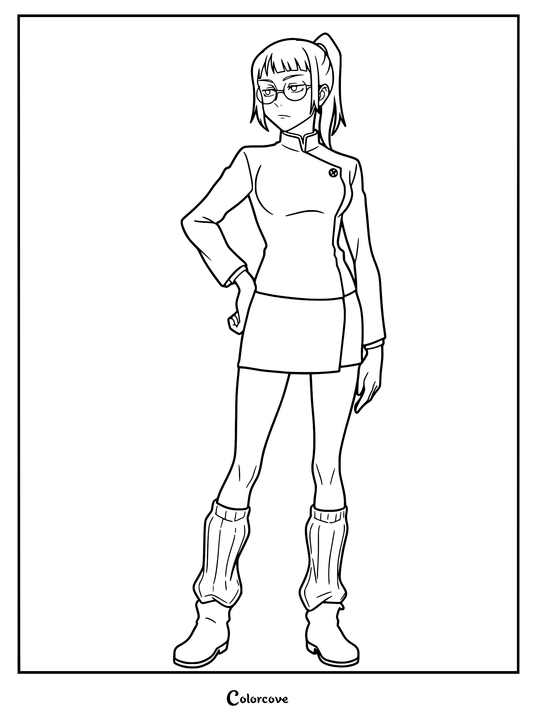 Maki Zenin from Jujutsu Kaisen standing in her school uniform with glasses and a ponytail in a printable coloring page format.