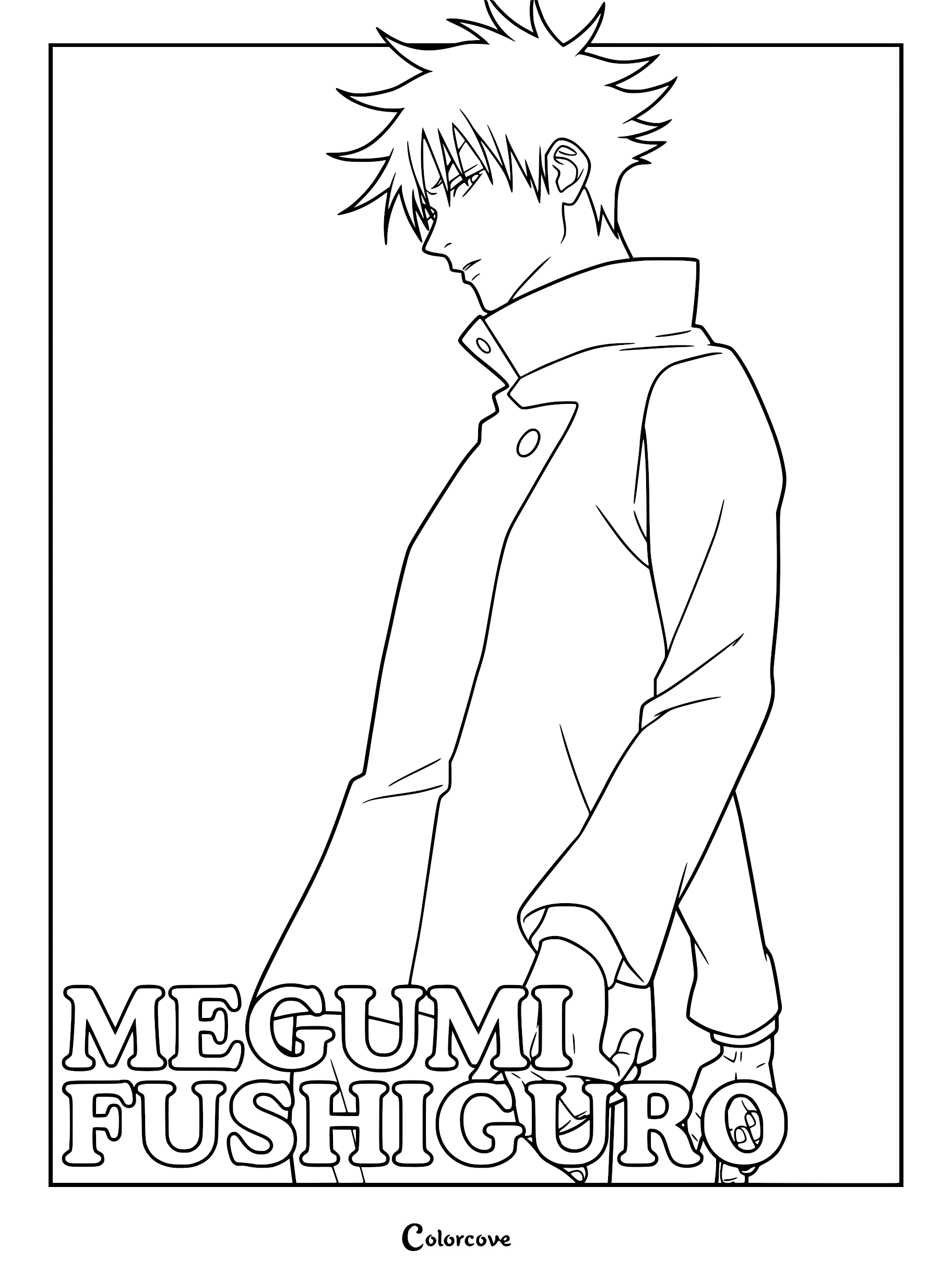 A detailed line art coloring page of Megumi Fushiguro from Jujutsu Kaisen, featuring his signature spiky dark hair and high-collared uniform in a side profile view.
