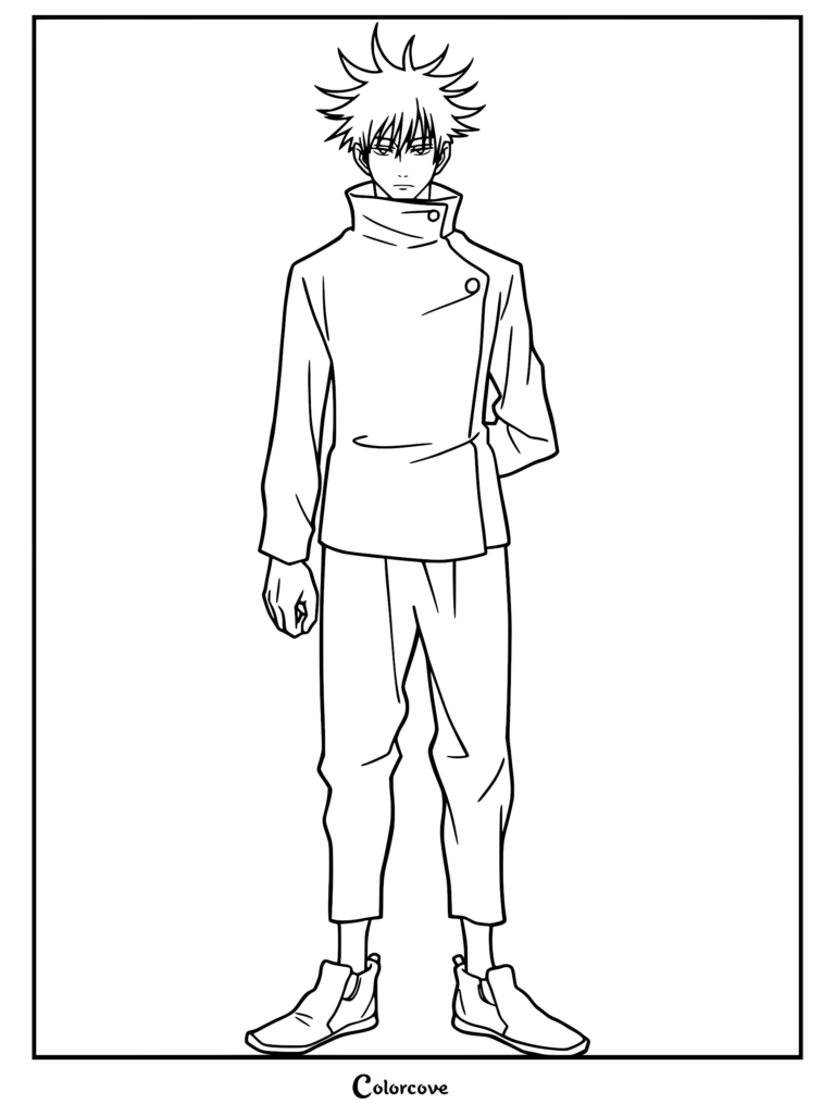 Megumi Fushiguro de Jujutsu Kaisen debout dans son uniforme scolaire, page de coloriage au trait détaillée.
