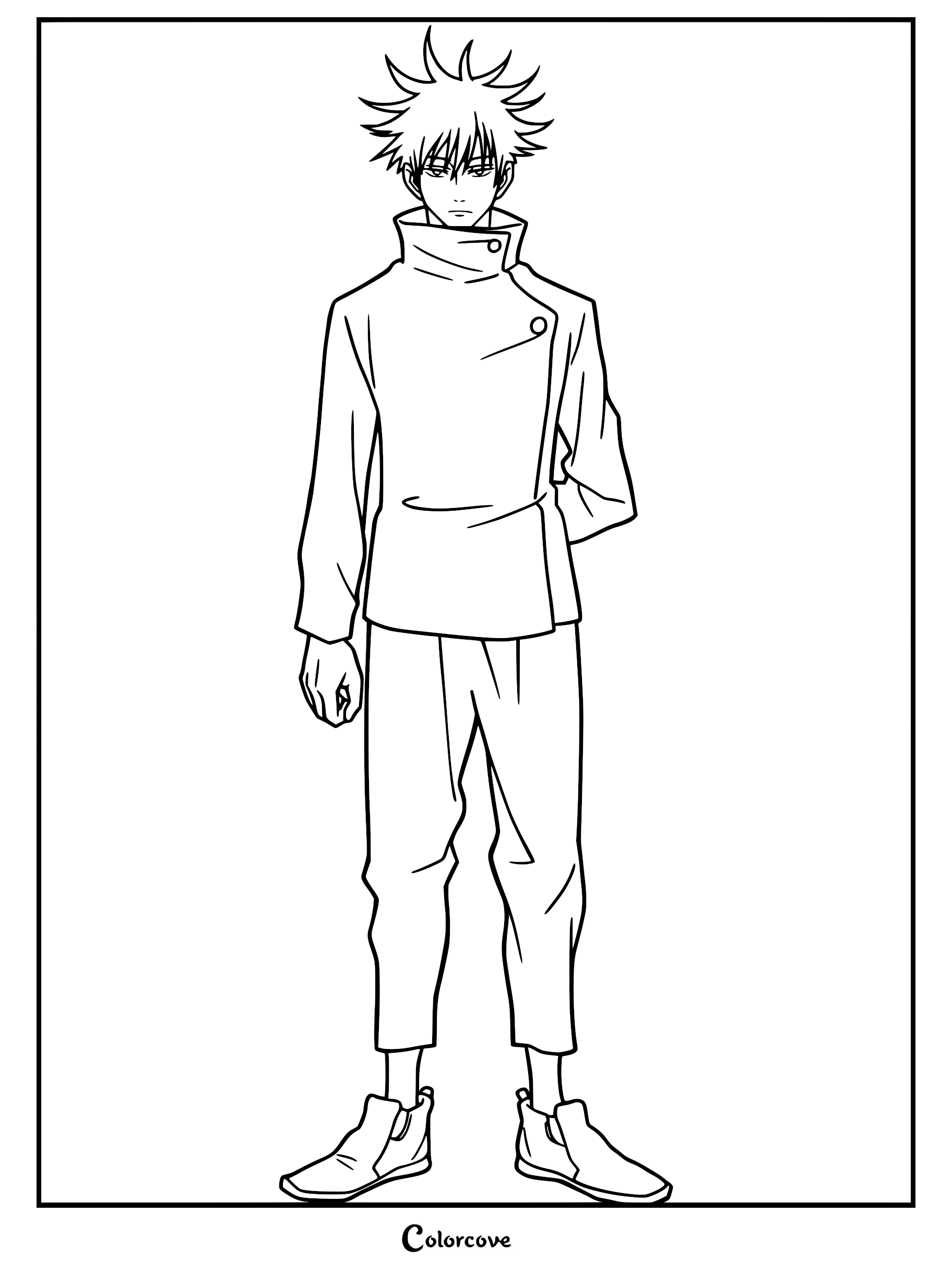 Megumi Fushiguro from Jujutsu Kaisen standing in his school uniform, detailed line art coloring page.