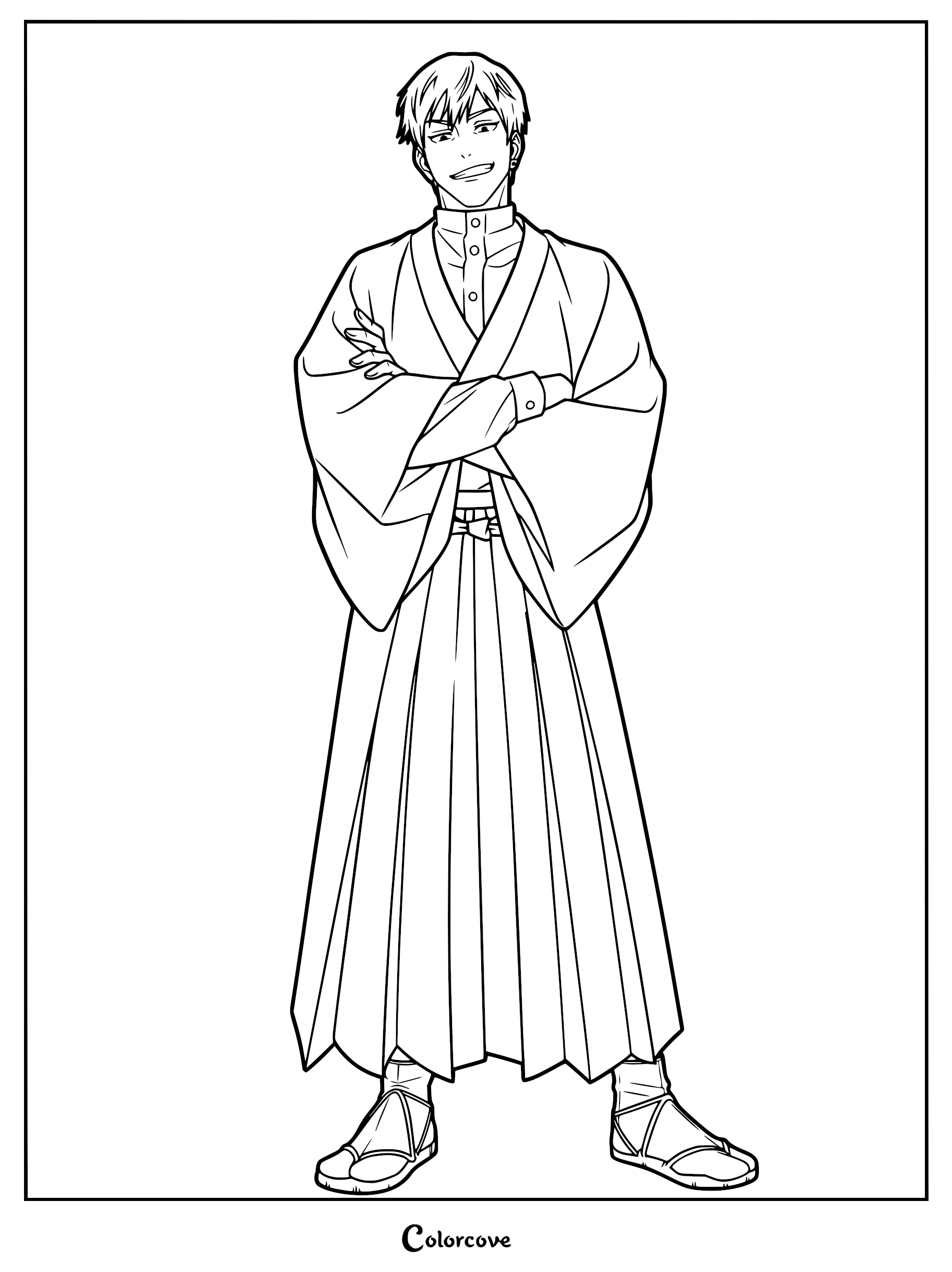 Naoya Zenin from Jujutsu Kaisen standing with arms crossed, wearing a traditional kimono and hakama, presented as a clean line art coloring page.