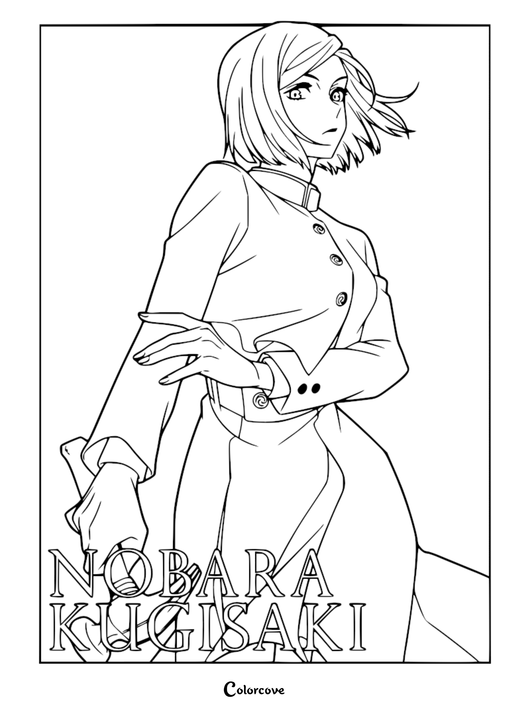 Line art coloring page of Nobara Kugisaki from Jujutsu Kaisen, featuring her short hair and school uniform while holding her signature hammer.