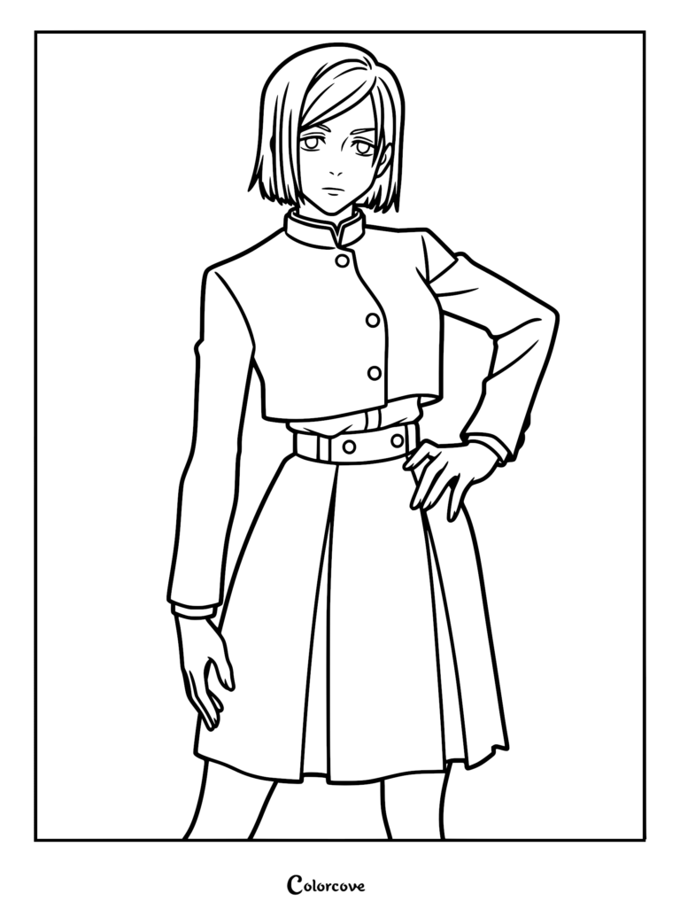 Nobara Kugisaki de Jujutsu Kaisen debout la main sur la hanche dans son uniforme scolaire, page de coloriage à imprimer.