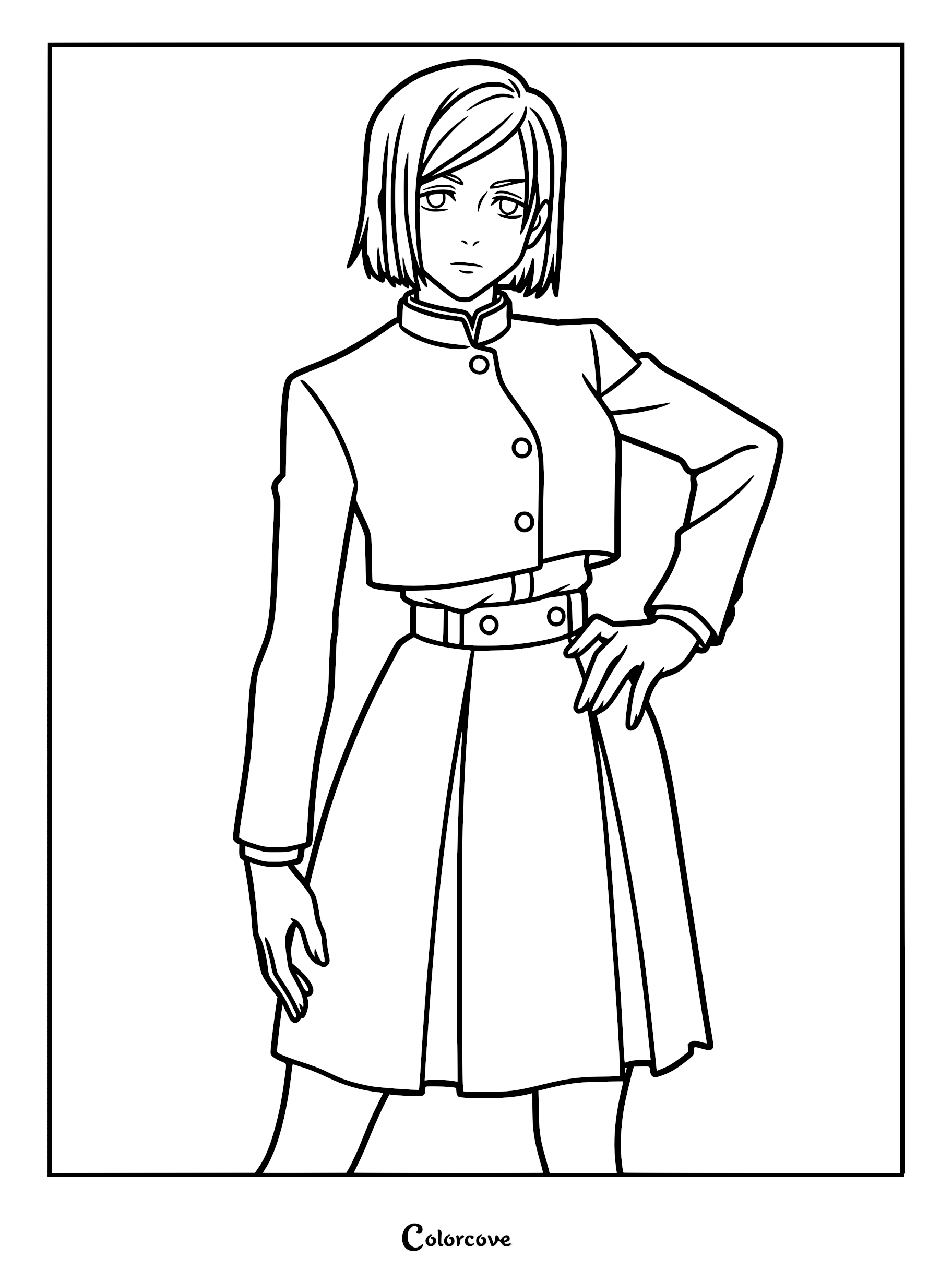 Nobara Kugisaki from Jujutsu Kaisen standing with hand on hip in her school uniform, printable coloring page.
